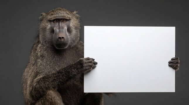 Baboon Holding Blank Sign in Natural Landscape