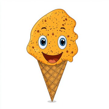 Smiling Orange Cartoon Ice Cream Cone with Chocolate Chips on White Background