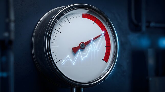 Pressure gauge shows market volatility risk, Needle enters red danger zone, Stock chart line signals inflation warning, Overheating economy reaches critical limit