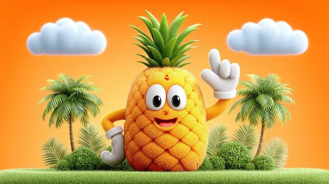 Smiling Pineapple Cartoon Character in Tropical Sunset Scene