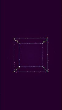 Neon glowing wireframe cube rotating in dark space