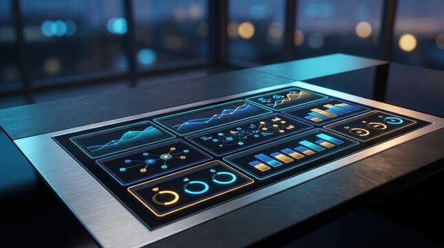 Interactive smart table displaying glowing financial data analytics dashboards in a modern night office