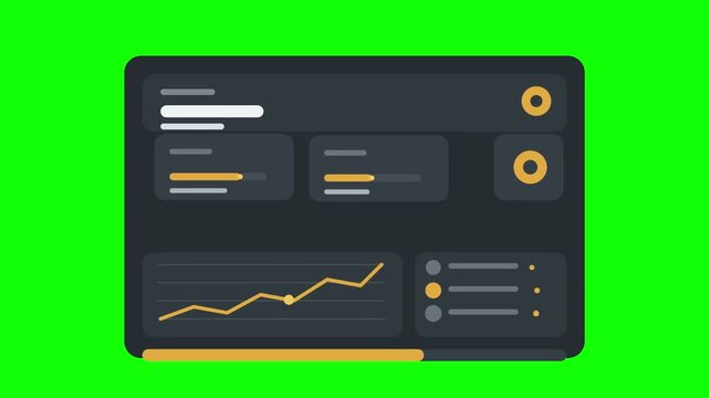 Animated digital dashboard panels with line charts on green screen