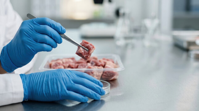 Laboratory meat quality control food safety test research scientist glove Laboratory meat quality control food safety test research scientist glove with blue protective hand examine raw sample