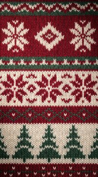 Close up texture of knitted Christmas sweater with traditional red and green winter patterns