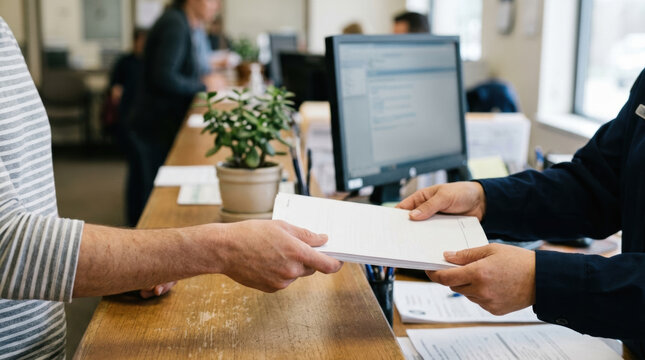 Office reception paperwork document customer service counter clerk hand form Busy office reception counter with paperwork document exchange between customer and service clerk hand over form during