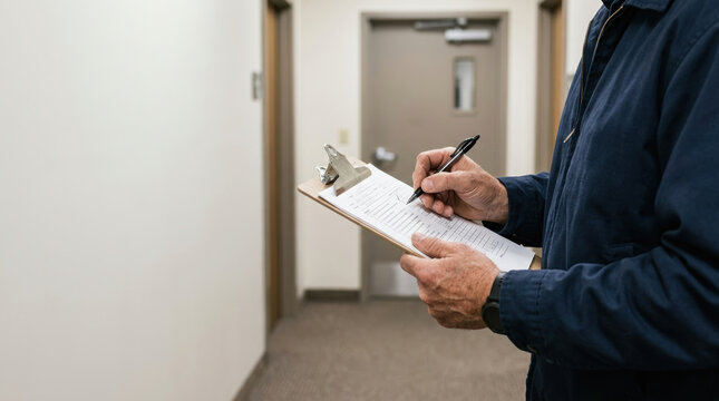 Inspector clipboard document pen hallway corridor office survey form checklist Professional inspector holding clipboard document with pen office hallway corridor, focused workplace evaluation