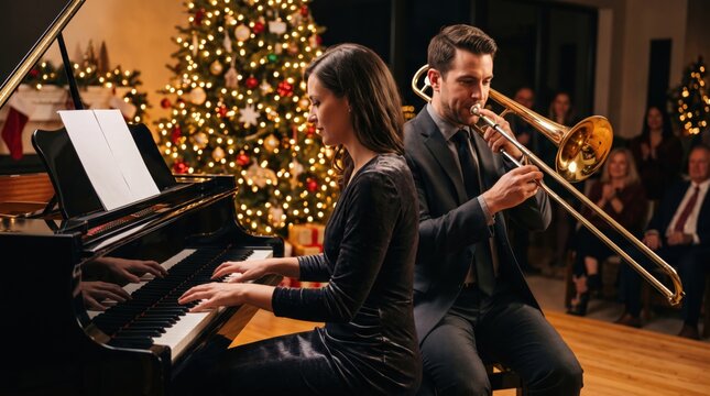 Couple playing piano and trombone performing a live concert in a hall with a Christmas tree