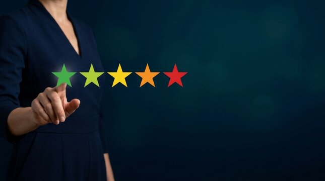 A woman in dark attire interacts with colorful digital stars on a dark background, hinting at evaluation or feedback.