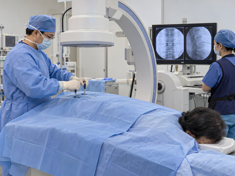 Interventional radiology team performing fluoroscopy guided balloon kyphoplasty for an osteoporotic vertebral fracture