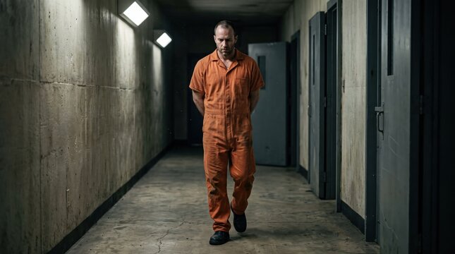Prisoner in an orange jumpsuit walking down a dark and bleak concrete prison corridor