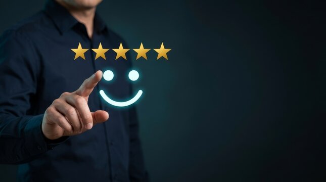 A businessman in a dark shirt gives a glowing smiley face five-star rating, symbolizing top service.