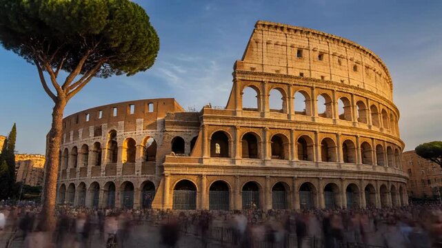 Colosseum in Rome during golden hour with cinematic slow pan revealing ancient architecture