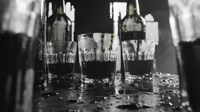 Mysterious Still Life: Close-up of Dark Drinks in Glasses and Bottles on a Wet Surface with Smoke