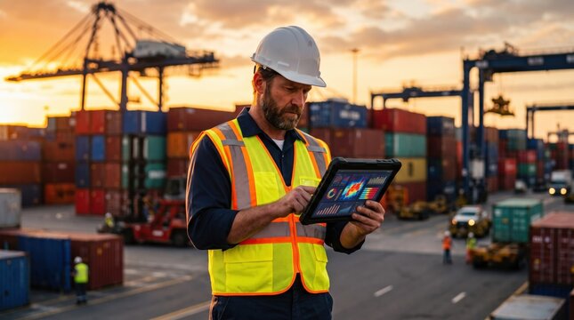 Port logistics worker in hard hat using a digital tablet at a commercial shipping container terminal at sunset