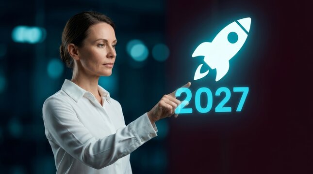 A woman in a white shirt touches a glowing rocket icon with '2027'; dark background.