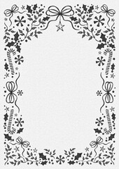 Obraz premium Hand drawn black ink Christmas frame border background, candy canes, ribbons, bow knots, snowflakes, holly leaves, berries, paper texture, winter holiday card layout with blank copy space