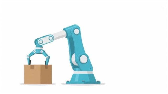 Industrial robotic arm picking and placing cardboard boxes in an automated warehouse.