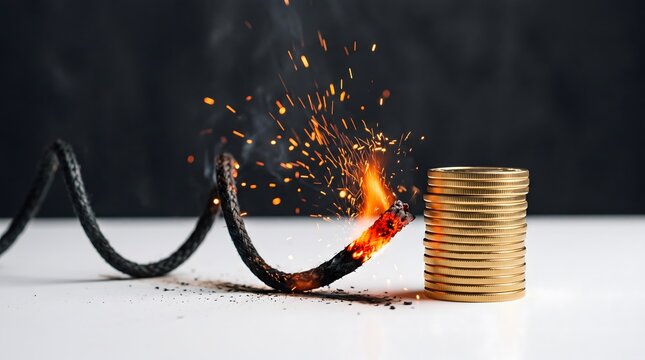 Burning fuse threatens gold coins, Inflation crisis ignites financial danger, Time bomb symbolizes economic risk, Countdown warns approaching debt crisis