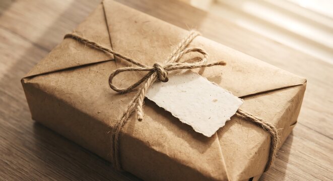 A rustic gift box wrapped in brown craft paper with a twine bow and a blank white tag