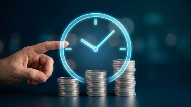 A hand points to a digital clock hovering above stacked coins, symbolizing time and money management.