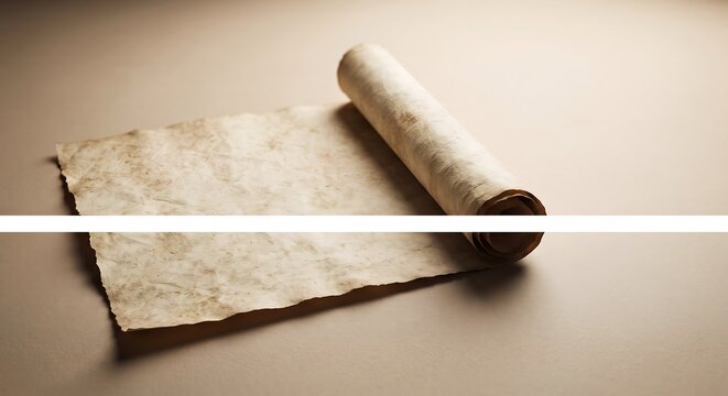 A single antique parchment scroll partially unrolled on a plain neutral background with soft natural lighting