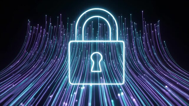 Glowing padlock icons animate in a digital stream of data against a dark background
