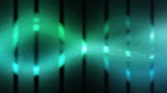 Glowing green and cyan light bands and dots on a dark background with vertical black stripes, abstract scientific pattern