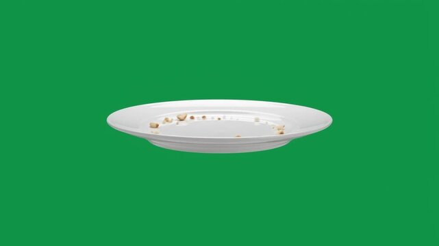 Empty white plate with bread crumbs isolated on green screen chroma key background, empty plate leftovers