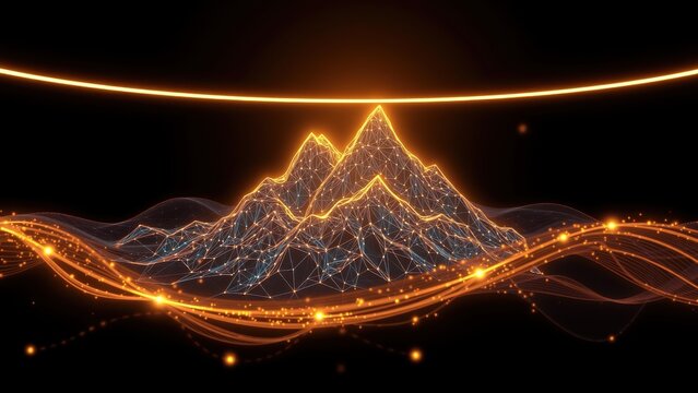 Abstract mountains formed using glowing lines, waves. Dark background emphasizes bright orange, blue illumination. Digital art style.