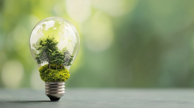 Green forest inside light bulb with map - ecology of the world