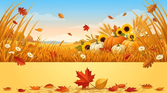 Colorful autumn harvest scene featuring pumpkins and sunflowers surrounded by falling leaves and golden grass