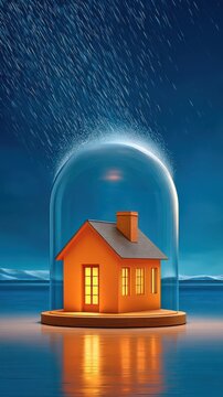 Miniature house under glass dome with glowing windows and rain streaks against deep blue night sky, protection concept