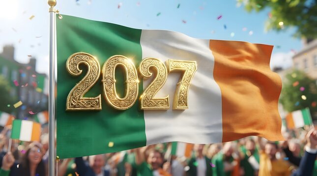 Golden 2027 new year celebration with waving irish flag and cheering crowd