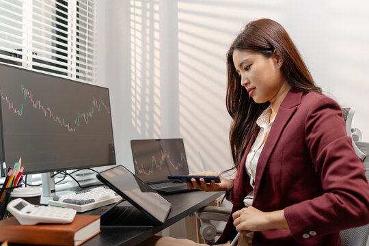 Professional trader monitoring financial markets and analyzing investment opportunities across multiple trading platforms, representing stock analysis, market research.