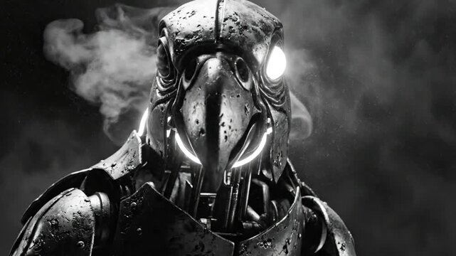 Futuristic cyborg bird in grayscale with glowing eyes and vapor, a mechanical avian warrior