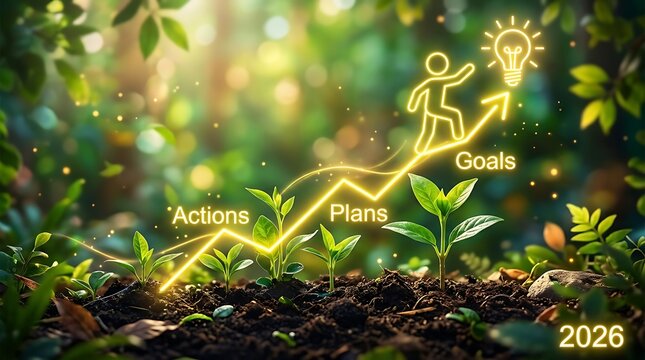 Conceptual Business Growth Illustration: Seedlings to Success with Ideas and Goals