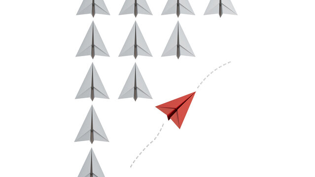 Red paper plane floating to others, flat lay with space for text. Uniqueness concept.new ideas. paper art style. creative idea.Supports PNG files with transparent backgrounds.