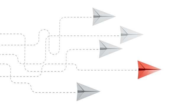 Leaderplane or different concept. Business investment to success. Red and white paper airplane route line on blue background.Supports PNG files with transparent backgrounds.