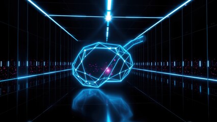 Fototapeta premium Neon lines form tunnel, glowing sphere center. Reflections visible polished floor. Futuristic, digital aesthetic dominates composition.