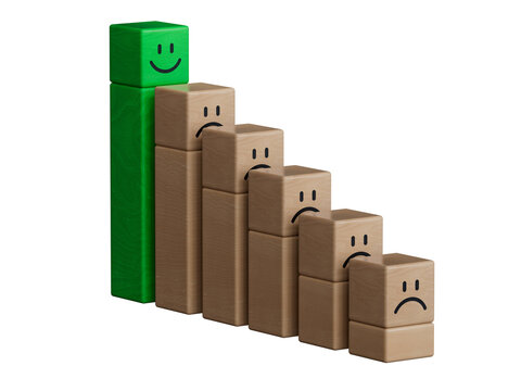 Green leader of business diagram.Wood cube with smile, normal and sad face. Facial expressions. Mental health assessment.Supports PNG files with transparent backgrounds.