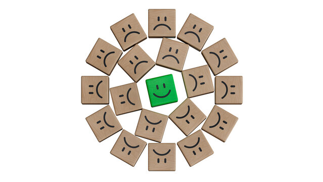 stand out from the crowd.Wood cube with smile, normal and sad face. Facial expressions. Mental health assessment.Supports PNG files with transparent backgrounds.