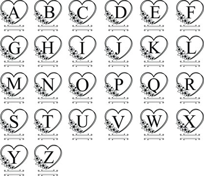 Complete A to Z heart monogram alphabet set with serif letters, floral accents and ornamental split lines for names