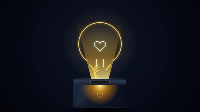 Premium motion graphics loop of a luxury donation box receiving a gold coin, triggering a vertical light beam that progressively shapes a glowing lightbulb contour with an energetic payoff pulse in a