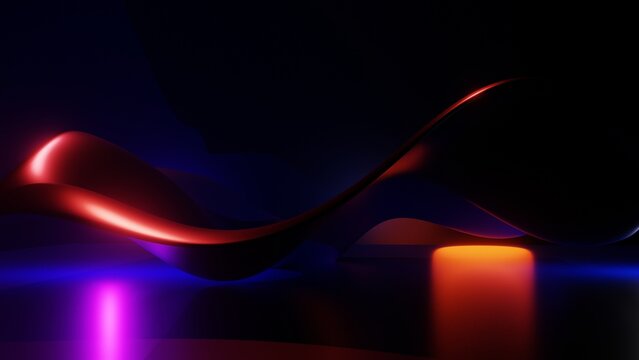 Abstract dark 3D background with flowing glossy wave and neon pink and orange reflections
