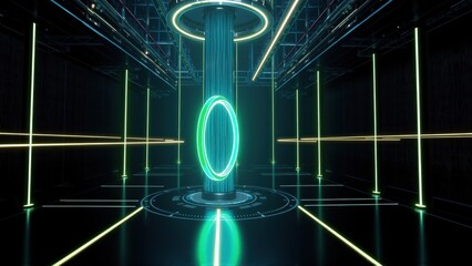 Fototapeta premium Futuristic interior. Glowing neon lines form geometric shapes. Central pillar with circular light element. Dark background creates depth.