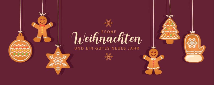christmas card with hanging gingerbread cookies decoration vector illustration