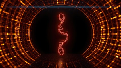 Fototapeta premium Glowing DNA helix centered within circular digital tunnel. Orange illumination creates futuristic, technological aesthetic. Dark background emphasizes central form.