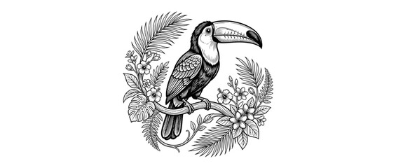Obraz premium Exotic Toucan Bird Sitting on Branch with Tropical Leaves and Flowers