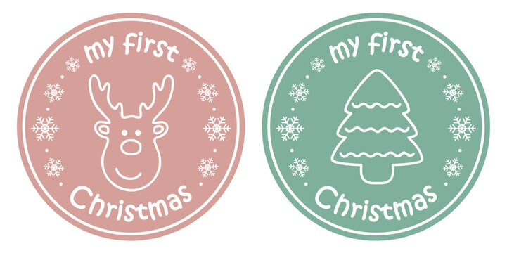 cute babys first christmas sticker with deer and fir tree vector illustration